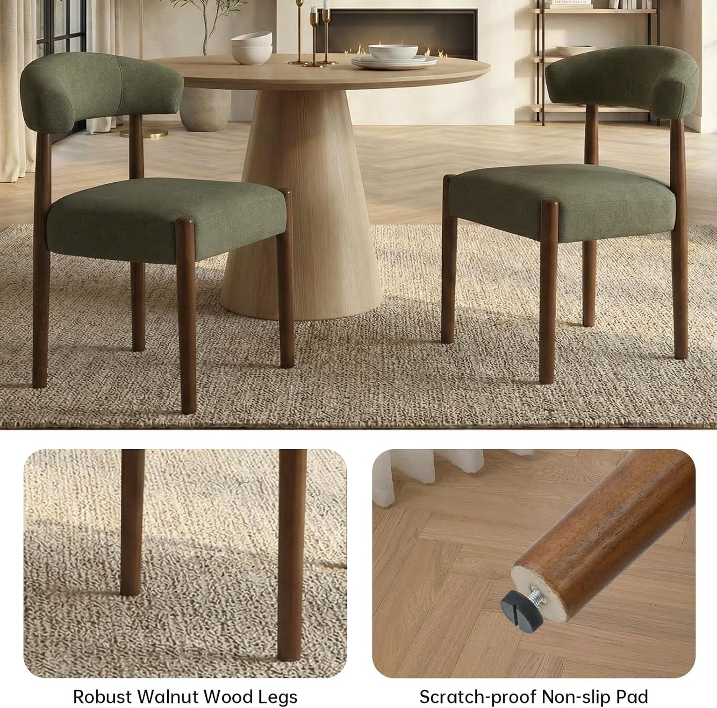 VKNOW Wooden Dining Chairs Set of 4, Modern Upholstered Dining Room Chairs with Walnut Wood Legs and Curved Backrest, Fabric Kitchen Chairs for Farmhouse/Living Room/Dining Room, Green — Set of 4 / Green (5)