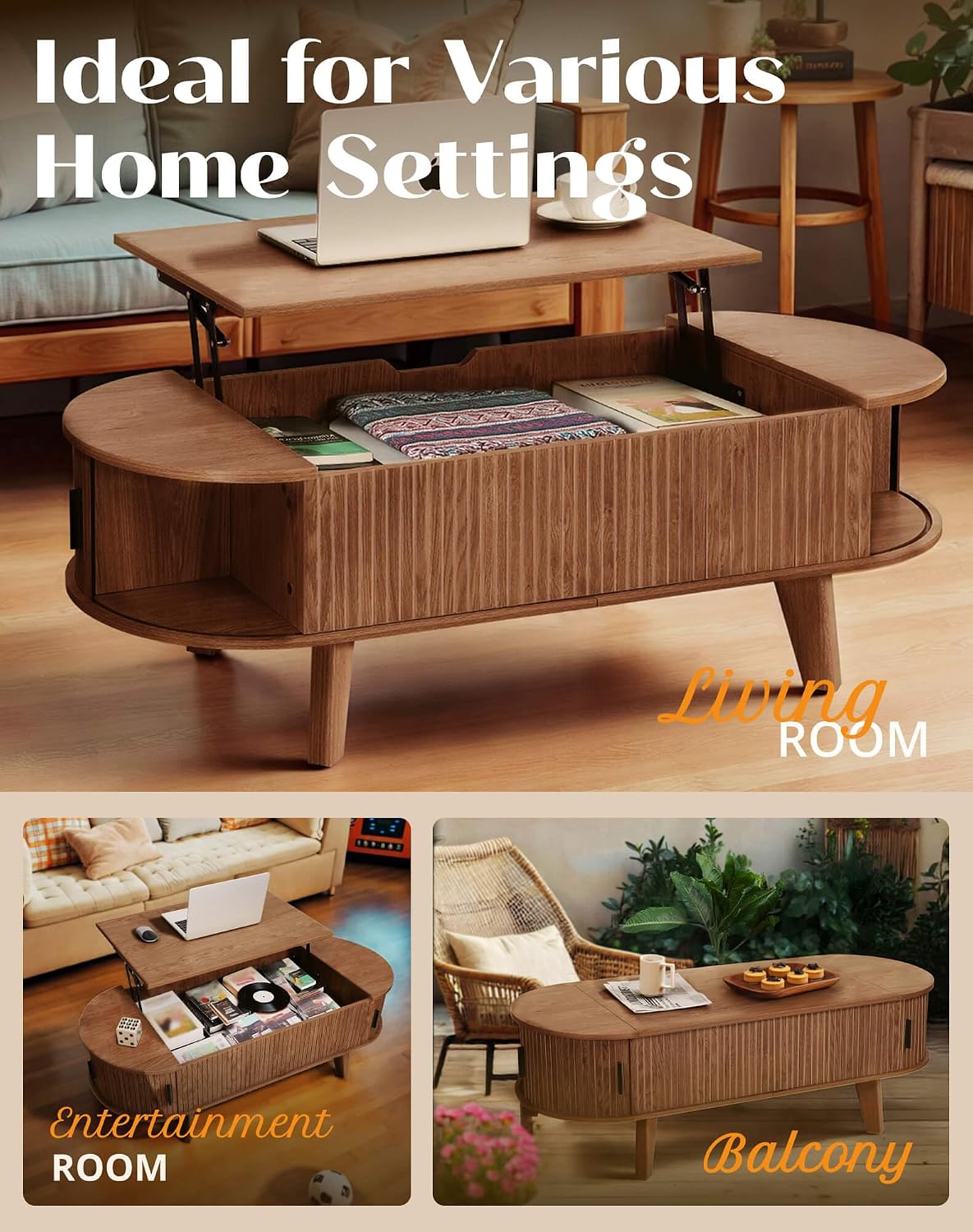 Oval Lift Top Coffee Table with Storage, 47.2" Mid Century Modern Living Room Center Table with 180° Sliding Tambour Door, Wood Fluted Coffee Table for Home Office, Walnut — Walnut / Oval (7)