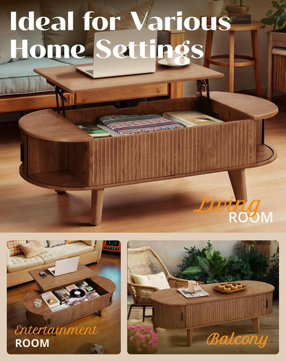 Oval Lift Top Coffee Table with Storage, 47.2" Mid Century Modern Living Room Center Table with 180° Sliding Tambour Door, Wood Fluted Coffee Table for Home Office, Walnut — Walnut / Oval (7)