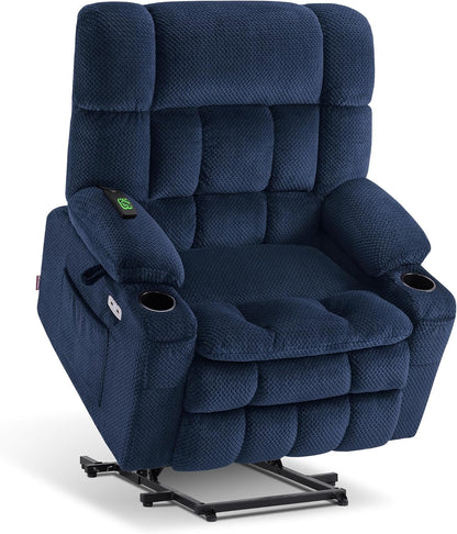 MCombo Dual Motor Power Lift Recliner Chair with Massage and Heat for Elderly People, Infinite Position, USB Ports, Cup Holders, Fabric 7890 (Medium, Dark Gray) — Navy Blue / Large