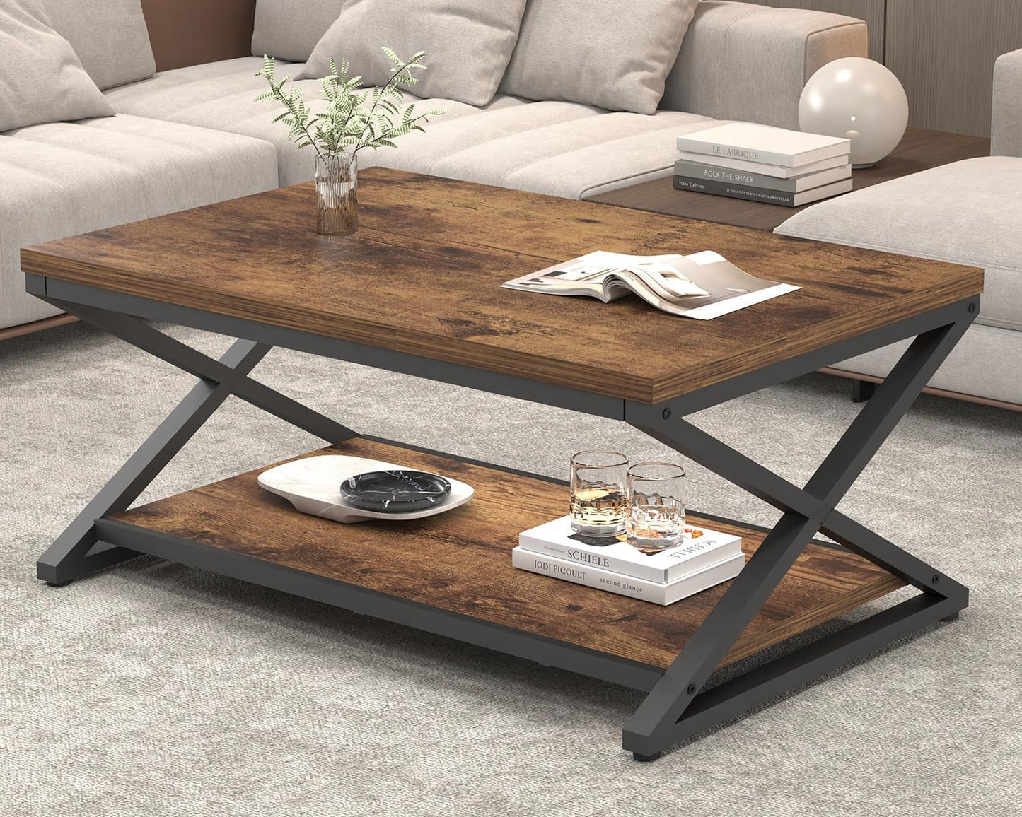 HSH Wood Coffee Table with Storage, Farmhouse Rustic Brown Coffee Table for Living Room, Modern Minimalist 2 Tier Center Table, Simple Rectangle Cocktail Tea Table in Home Office Bedroom, 39 Inch — 39 Inch / Rustic Brown (9)