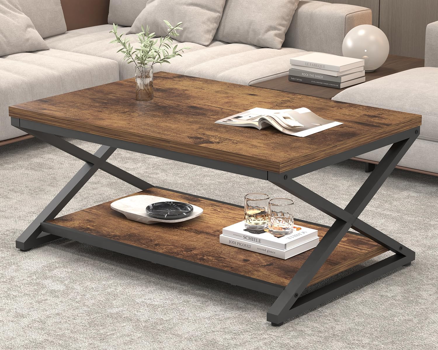 HSH Wood Coffee Table with Storage, Farmhouse Rustic Brown Coffee Table for Living Room, Modern Minimalist 2 Tier Center Table, Simple Rectangle Cocktail Tea Table in Home Office Bedroom, 39 Inch — 39 Inch / Rustic Brown (9)