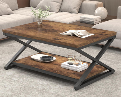 HSH Wood Coffee Table with Storage, Farmhouse Rustic Brown Coffee Table for Living Room, Modern Minimalist 2 Tier Center Table, Simple Rectangle Cocktail Tea Table in Home Office Bedroom, 39 Inch — 39 Inch / Rustic Brown (9)