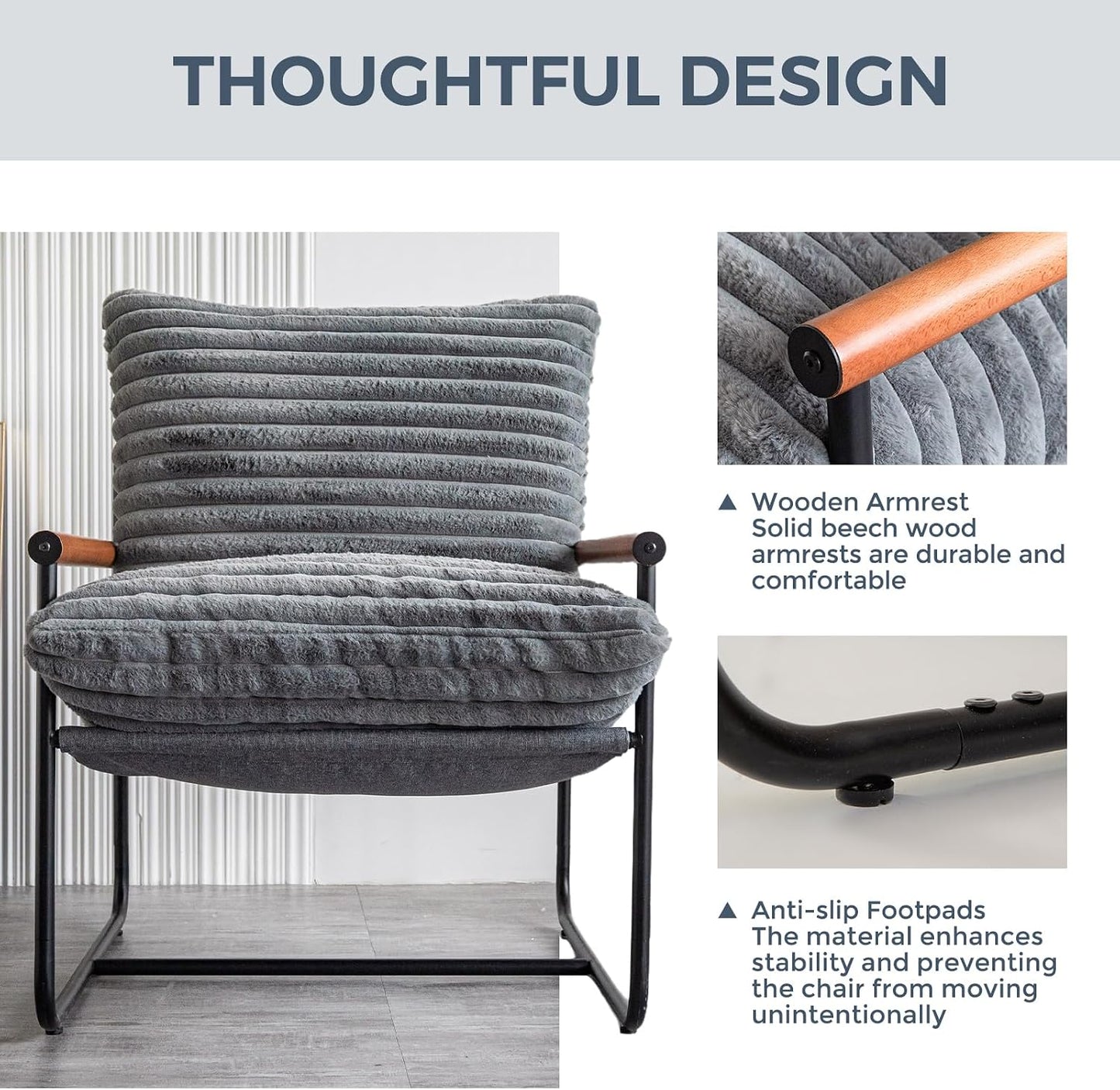 MAXYOYO Accent Chair, Sherpa Arm Chair for Living Room, Mid Century Modern Accent Chairs, Boucle Reading Bedroom Chair, Teddy Armchair, Wooden Arms Metal Frame — Grey (6)