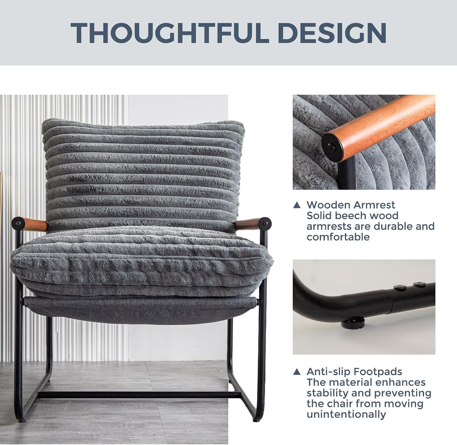 MAXYOYO Accent Chair, Sherpa Arm Chair for Living Room, Mid Century Modern Accent Chairs, Boucle Reading Bedroom Chair, Teddy Armchair, Wooden Arms Metal Frame — Grey (6)