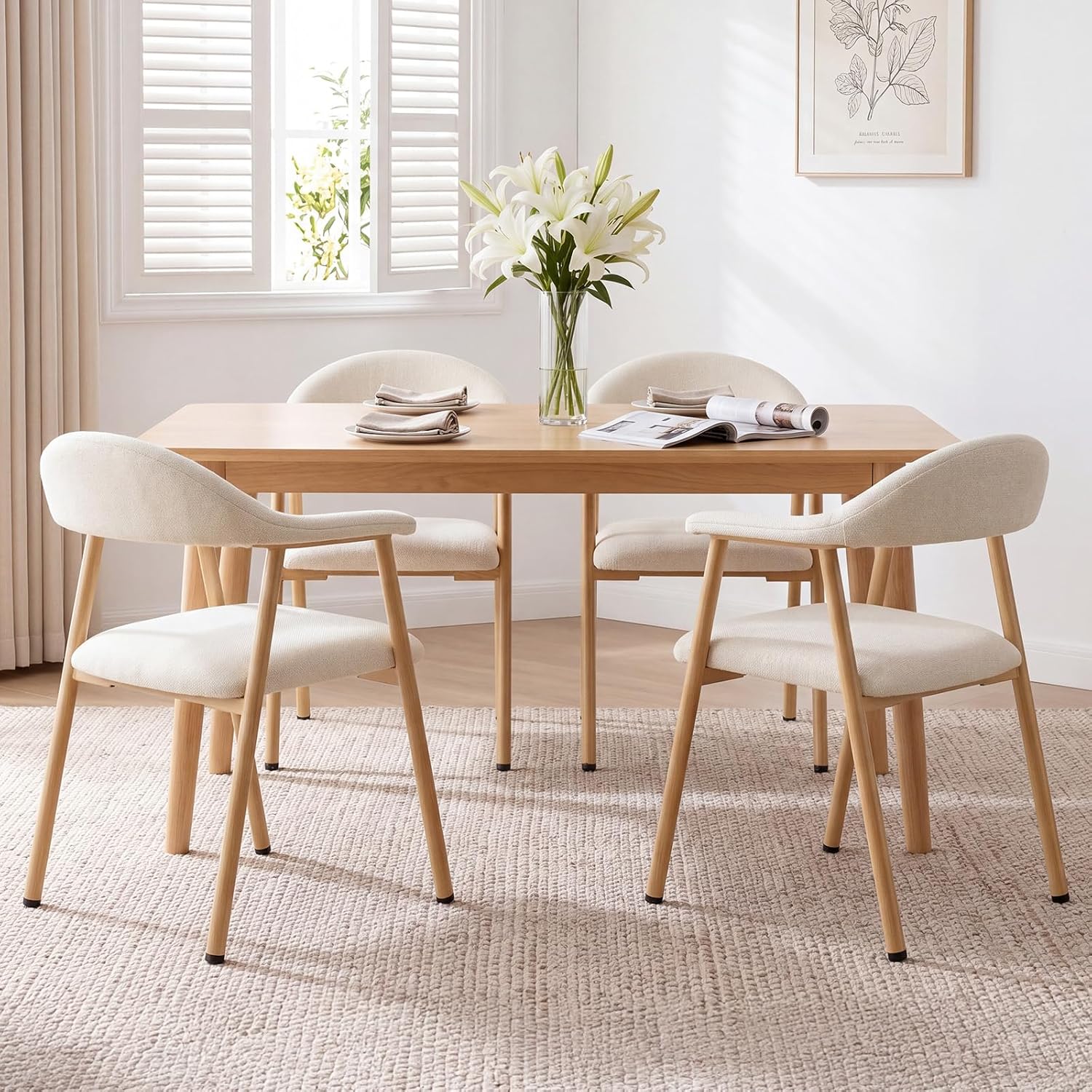 DUMOS Dining Chairs Set of 4, Linen Fabric Upholstered Kitchen Side Chairs with Curved Backrest & Metal Legs, Modern Farmhouse Accent Chair for Dining Room Kitchen Living Room Cafe, Beige — Beige / 4pc
