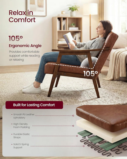 VASAGLE Accent Chair, PU Leather Armchair, Button Tufted Living Room Chair, Thick Cushion, Mid Century Modern Lounge Seating for Bedroom, Reading Nook, Home Office, Brown ULYY200KZ02S — Brown / 29.5"D x 24.6"W x 28.7"H (4)