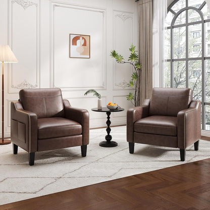 MALOL PU Leather Accent Chair, Mid-Century Modern Living Room Armchair Sofa with Removable Cushions, Solid Wood Frame & Stitched Armrest Design, Bedroom Chair with Plastic Legs, Chocolate Brown — Chocolate Brown / Set of 1 (3)