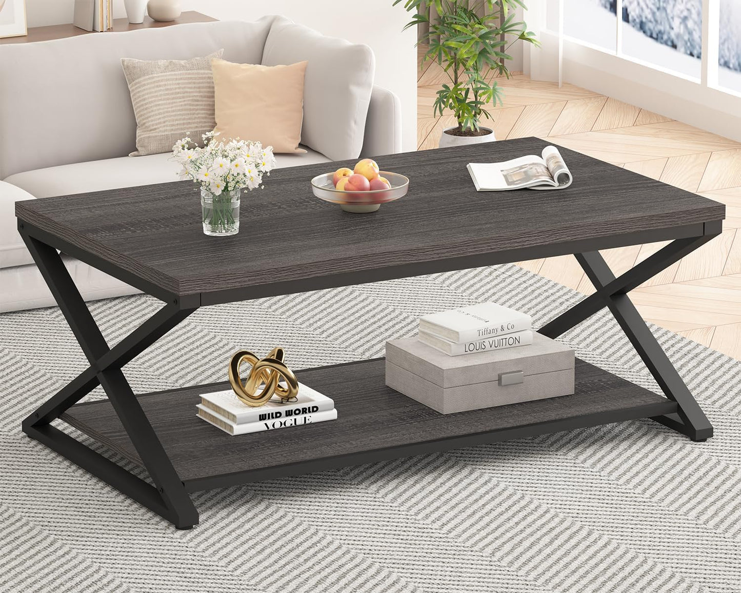 HSH Rustic Farmhouse Coffee Table, Modern Minimalist Wood and Metal Living Room Table, 2 Tie Rectangle Center Table with Storage & Display Shelf, Simple Office Cocktail Tea Table, Rustic Oak, 39 Inch — 47 Inch / Dark Gray Oak