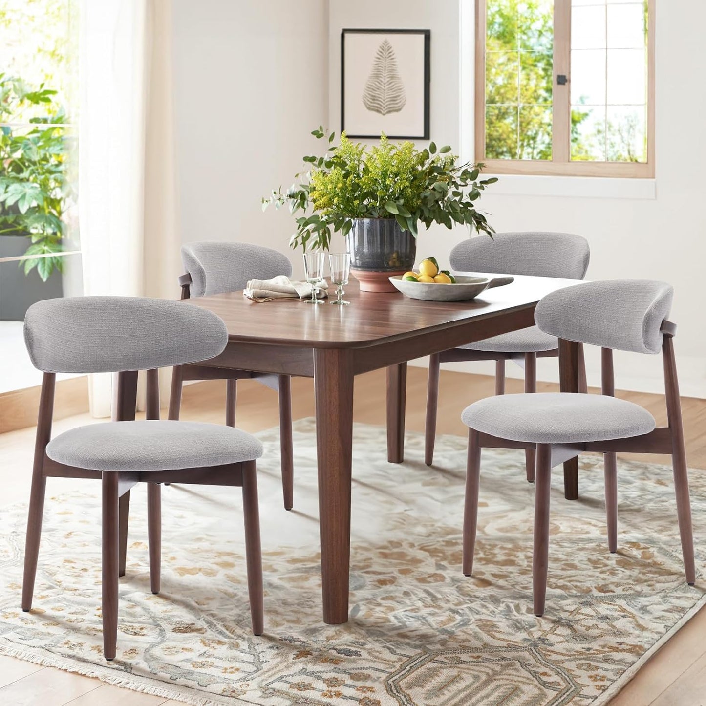 COLAMY Wooden Dining Chairs Set of 4, Modern Fabric Upholstered Kitchen Side Chairs, Farmhouse Dining Room Chair with Foot Pegs, Beige — Lightgrey / Set of 4