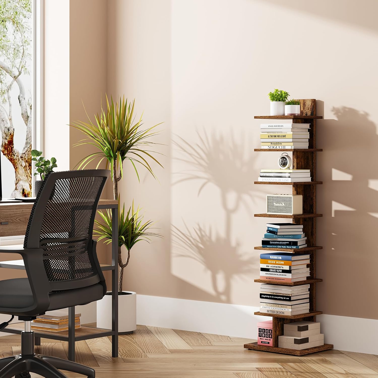 TUTOTAK Book Shelf, Narrow Spine Bookshelf, 8-Tier Bookcase for Small Space | 10.4 x 13.4 x 47.5 Inches Vertical Freestanding Corner Shelf for Living Room, Office, Study, Entryway, Brown BS06BB008 — 8 Tier / Rustic Brown (8)
