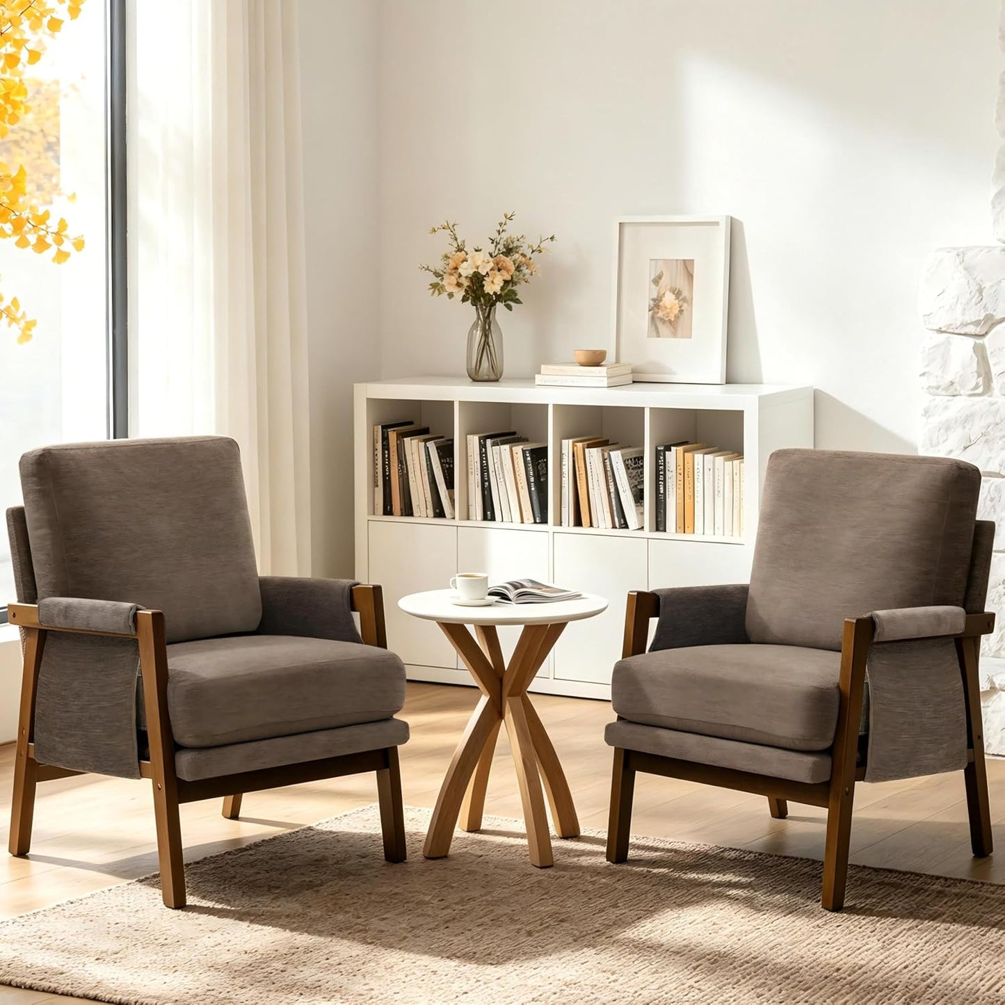 RNKSFX Cream Accent Chair for Bedroom & Living Room, Mid Century Modern Accent Arm Chair, Upholstered Anthropologie Accent Chair with Solid Wood Frame, Fabric