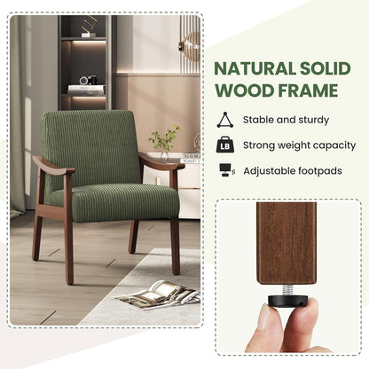 Yaheetech Corduroy Accent Chair, Mid-Century Modern Armchair with Solid Wood Legs, Reading Leisure Chair with High Back for Living Room Bedroom Waiting Room Dark Green — Dark Green / Corduroy Fabric (7)
