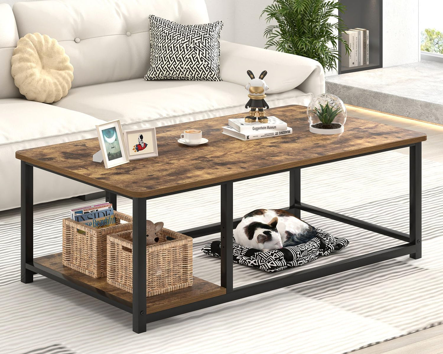 EXCEFUR Modern Coffee Table, Rustic Wood and Metal Living Room Table with Storage Shelf, Industrial Brown, 47 Inch — Rustic Brown (3)