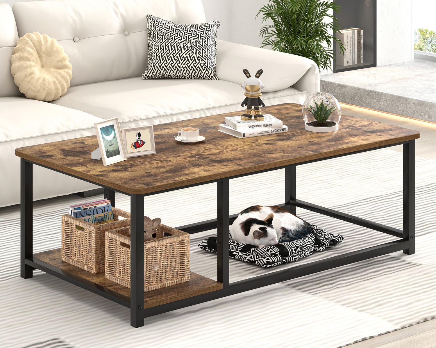 EXCEFUR Modern Coffee Table, Rustic Wood and Metal Living Room Table with Storage Shelf, Industrial Brown, 47 Inch — Rustic Brown (3)