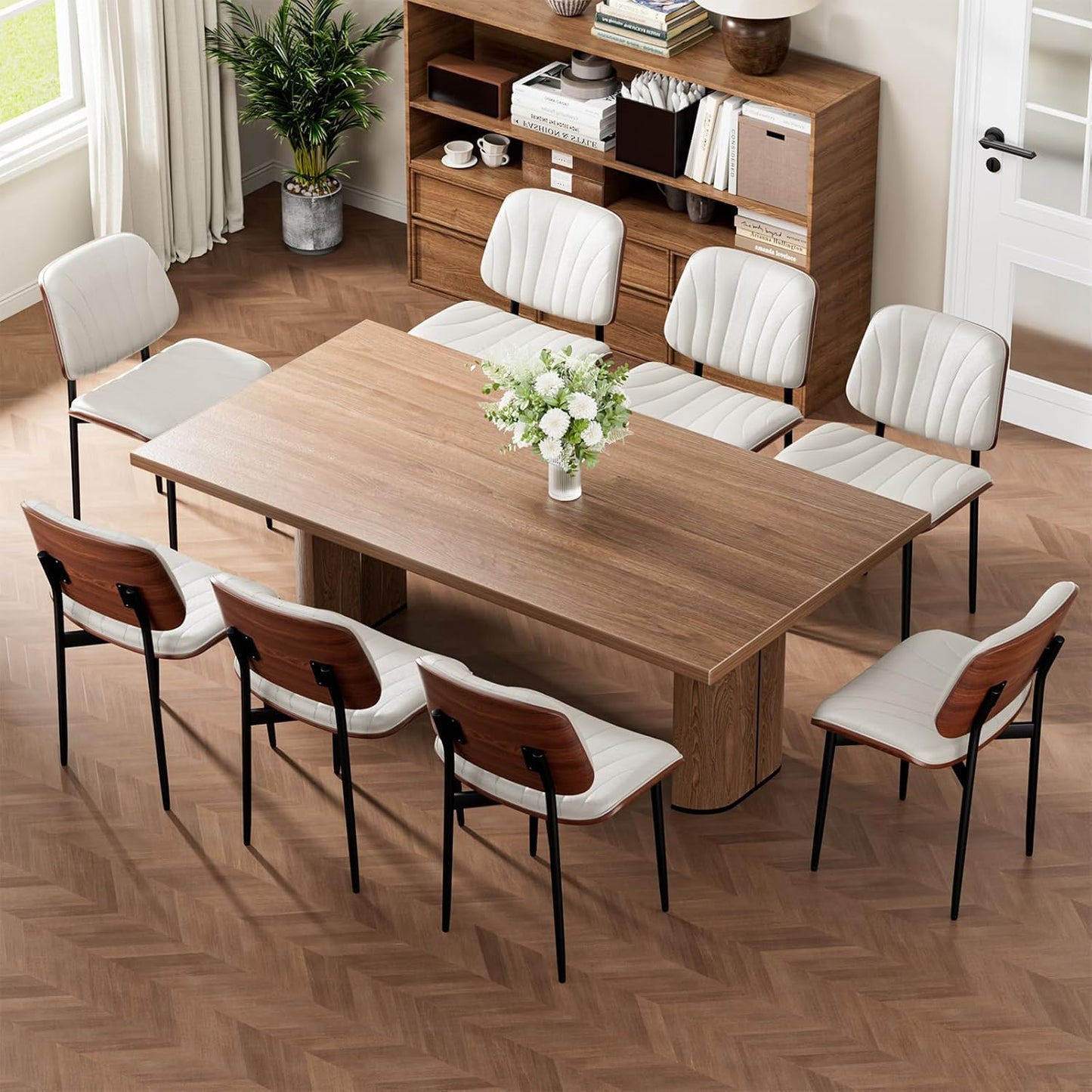 Dining Chairs Set of 4, Mid-Century Modern Upholstered PU Leather Chairs | with Walnut Bentwood Back and Metal Legs Adjustable Feet for Kitchen Dining Room, Black Shell Strips — Off-white Shell Strips / 8