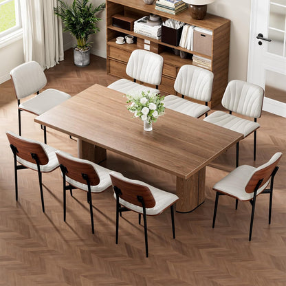 Dining Chairs Set of 4, Mid-Century Modern Upholstered PU Leather Chairs | with Walnut Bentwood Back and Metal Legs Adjustable Feet for Kitchen Dining Room, Black Shell Strips — Off-white Shell Strips / 8