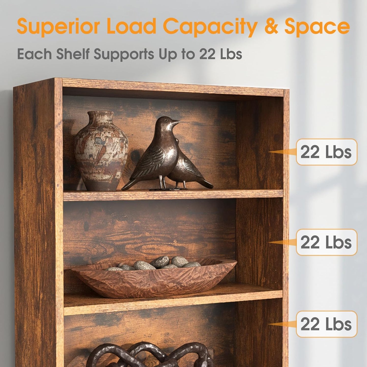 Sweetcrispy 5 Shelf Bookcase Open Display Bookshelf Storage Organizer | 53 Inches Tall Book Shelf Floor Standing Corner Unit, Living Room, Home Office, Kitchen, Bedroom, Rustic Brown Wood — Brown / 5 Shelf (7)