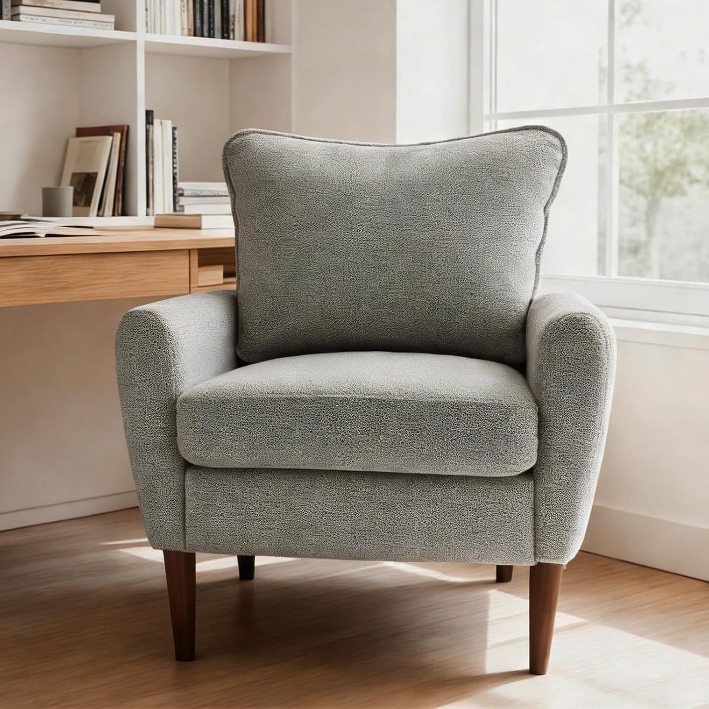 OLIXIS Comfy Accent Chair for Living Room Bedroom and Waiting Room, Upholstered Mid-Century Reading Chair with Pillow and Solid Wood Legs, Wide Singe Modern Lounge Sofa, Gray — Charcoal / 2