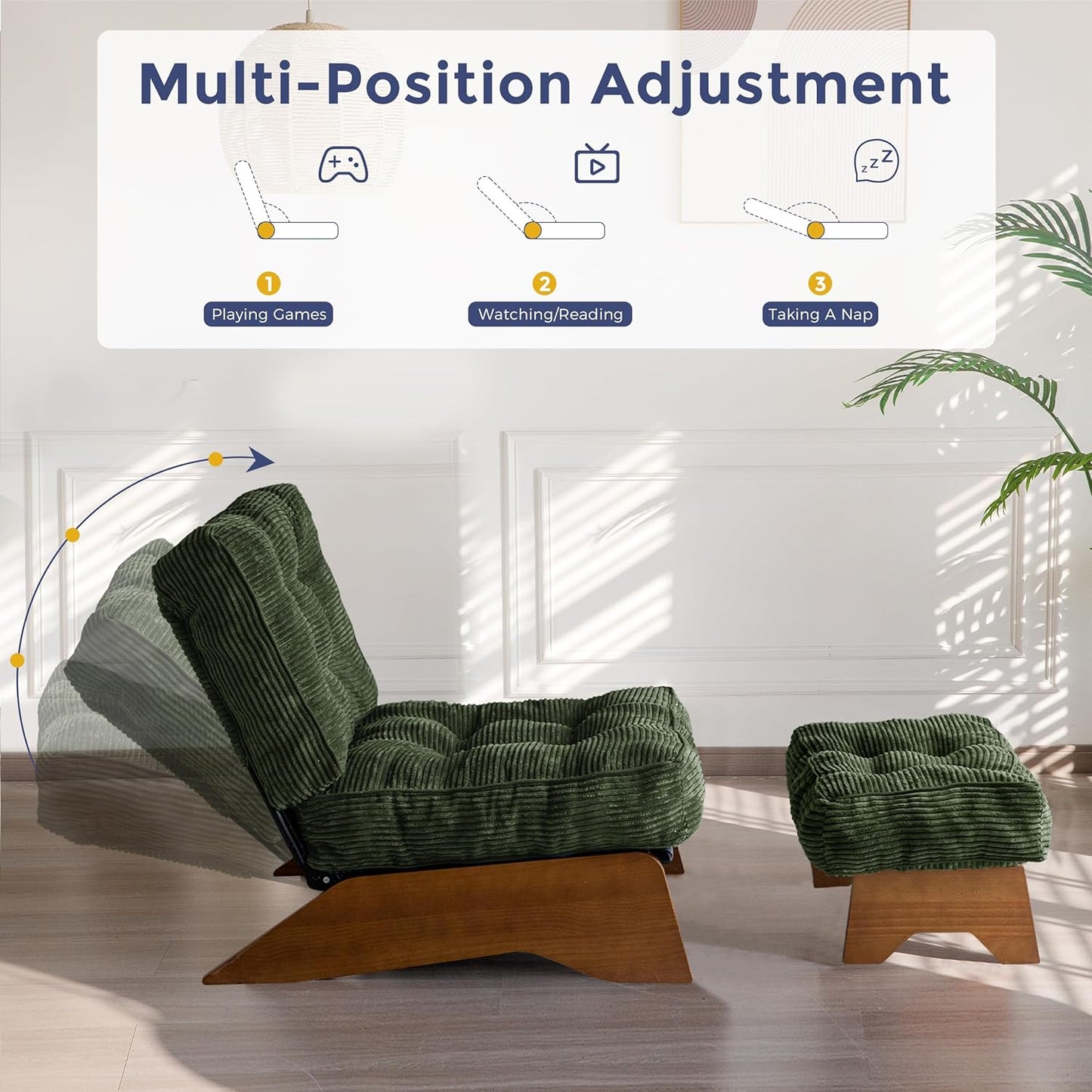 MAXYOYO Accent Chair with Ottoman Adjustable Backrest, Tufted Living Room Chair Upholstered Lounge Chair with Footrest Set, Modern Chair Cozy Reclining Chair for Reading Room, Green — Corded-green / Large (4)