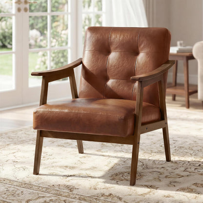 VASAGLE Accent Chair, PU Leather Armchair, Button Tufted Living Room Chair, Thick Cushion, Mid Century Modern Lounge Seating for Bedroom, Reading Nook, Home Office, Brown ULYY200KZ02S — Brown / 29.5"D x 24.6"W x 28.7"H
