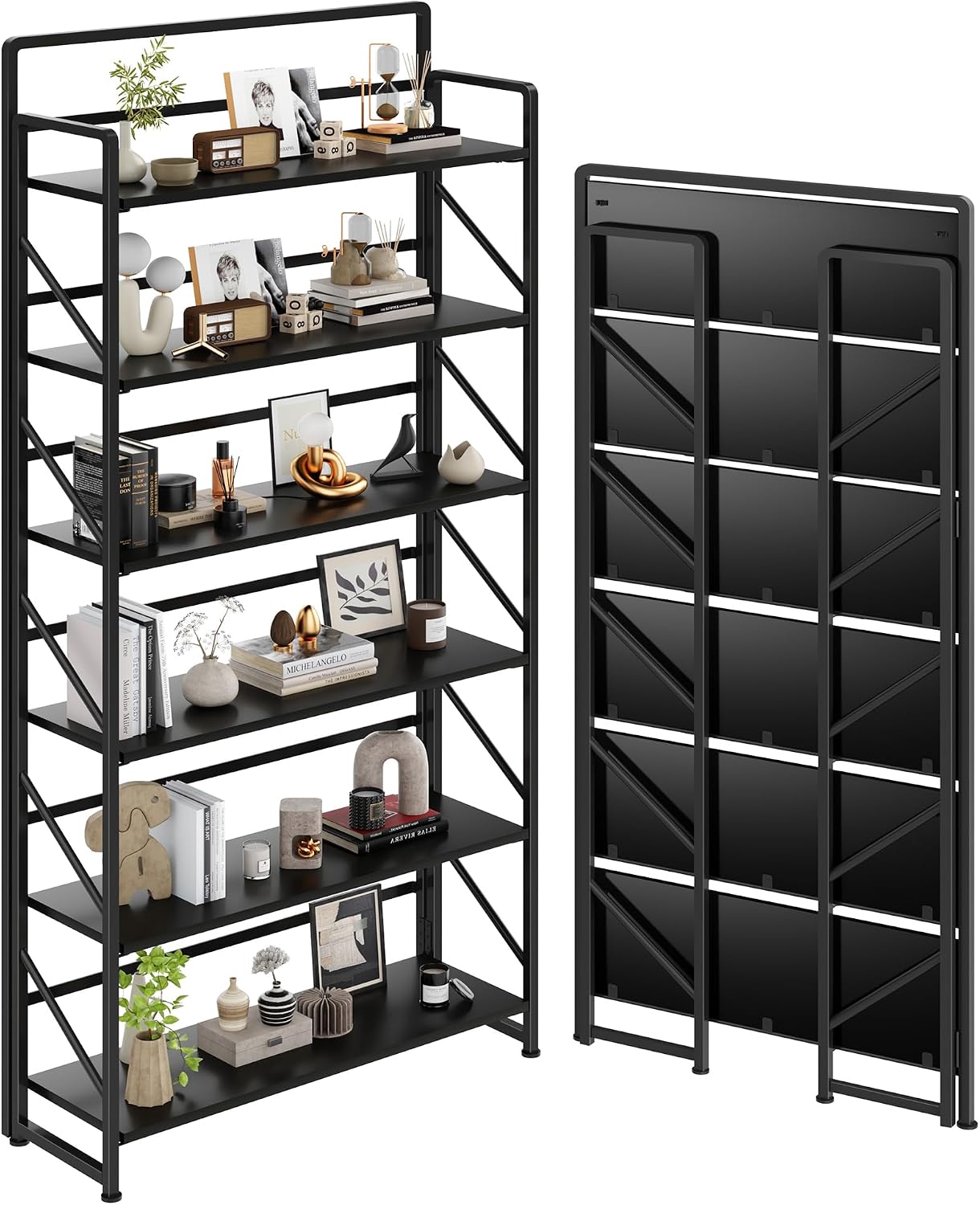 JSB No Assembly Folding Bookshelf, 4 Tier Industrial Metal Book Shelf for Storage, Vintage Wood Foldable Bookcase for Living Room, Bedroom, Office Organization Shelves — Black / Wide 6-Tier