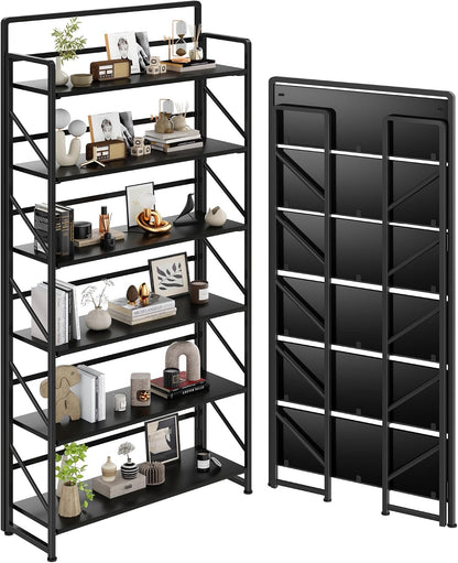 JSB No Assembly Folding Bookshelf, 4 Tier Industrial Metal Book Shelf for Storage, Vintage Wood Foldable Bookcase for Living Room, Bedroom, Office Organization Shelves — Black / Wide 6-Tier