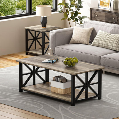 GreenForest Round Corners Coffee Table for Living Room | Rustic Style Center Table with Storage Shelf,39 Inch Space Saving Sofa Table,Easy Assembly,Gray Wash — Grey Wash / Rectangle (2)