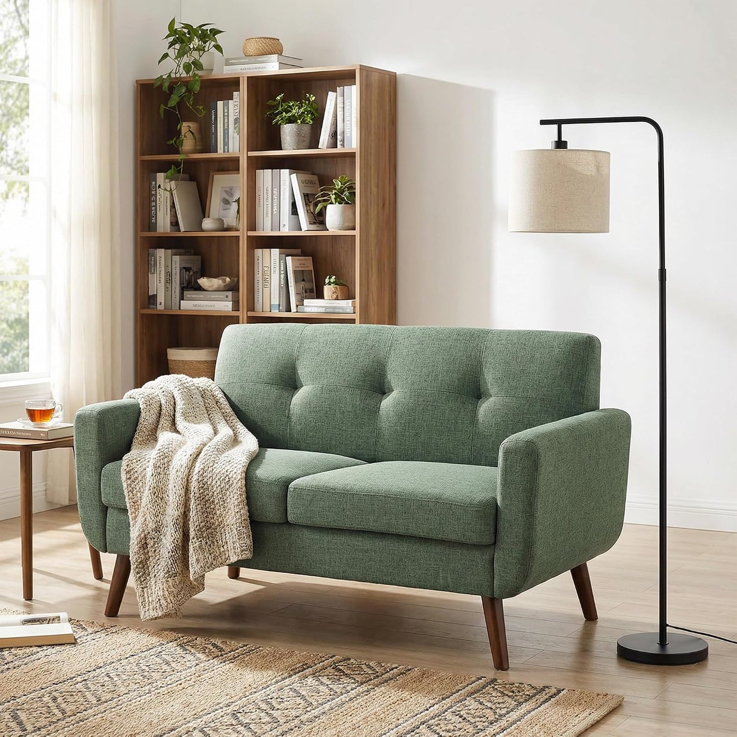 Tbfit Linen Fabric Single Sofa, Accent Chair, Mid Century Modern Armchair for Living Room, Bedroom Button Tufted Upholstered Comfy Reading Sofas, Beige