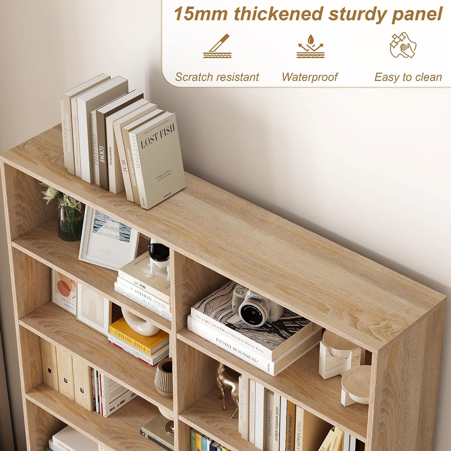 FACBOTALL Bookshelf and Bookcase, 6-Tier Double Wide Bookshelves,Freestanding Display Storage Shelves, Tall Bookcases for Home Decor Bedroom, Living Room, Home Office, Light Oak — Light Oak (5)