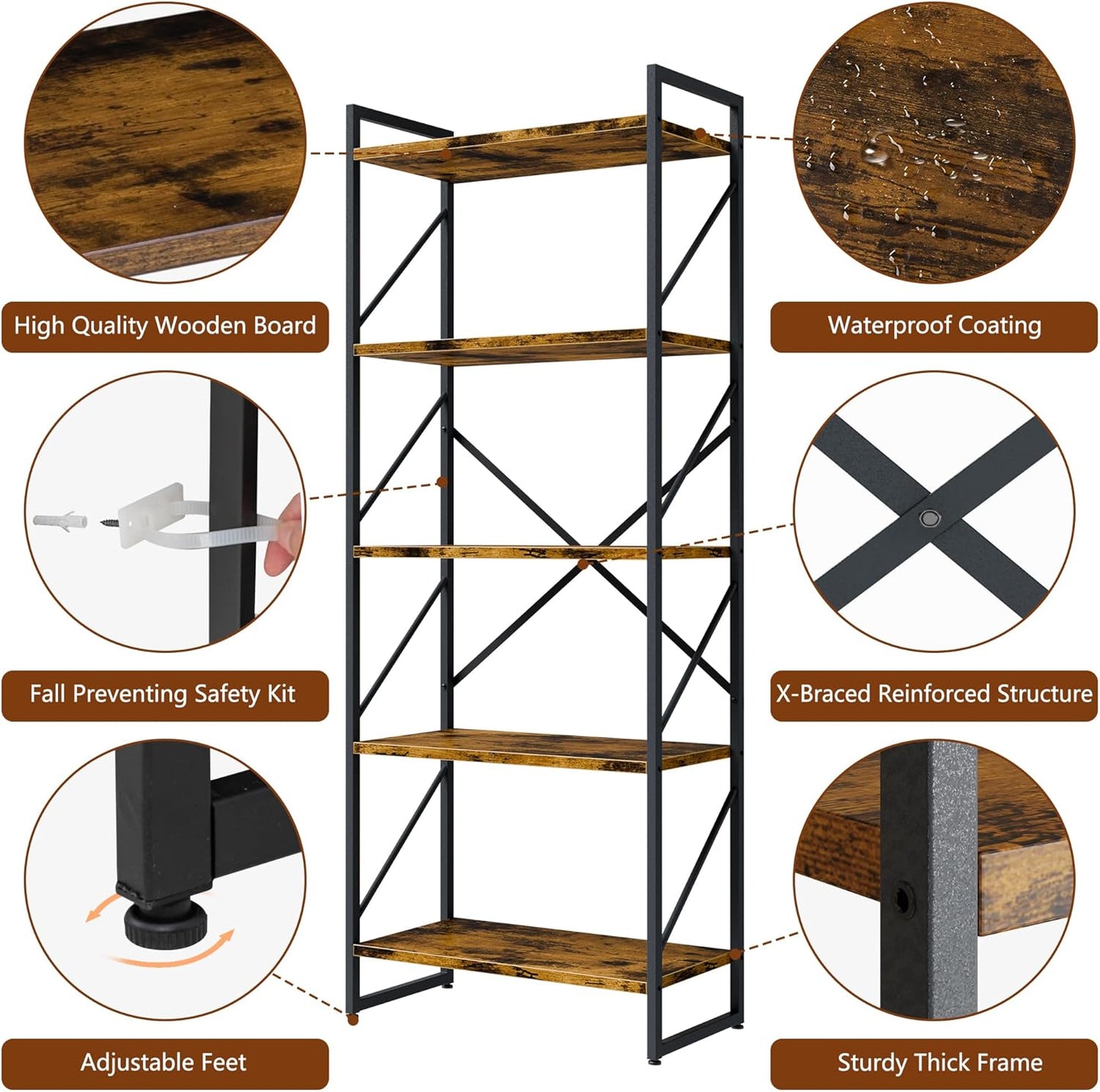 Shintenchi 5 Tiers Bookshelf, Classically Tall Bookcase Shelf, Industrial Book Rack, Modern Book Holder in Bedroom/Living Room/Home/Office, Storage Rack Shelves for Books/Movies-Rustic Brown — Rustic Brown (6)