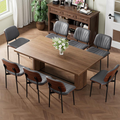 Dining Chairs Set of 4, Mid-Century Modern Upholstered PU Leather Chairs | with Walnut Bentwood Back and Metal Legs Adjustable Feet for Kitchen Dining Room, Camel Shell Strips — Dark Gray Shell Strips / 8