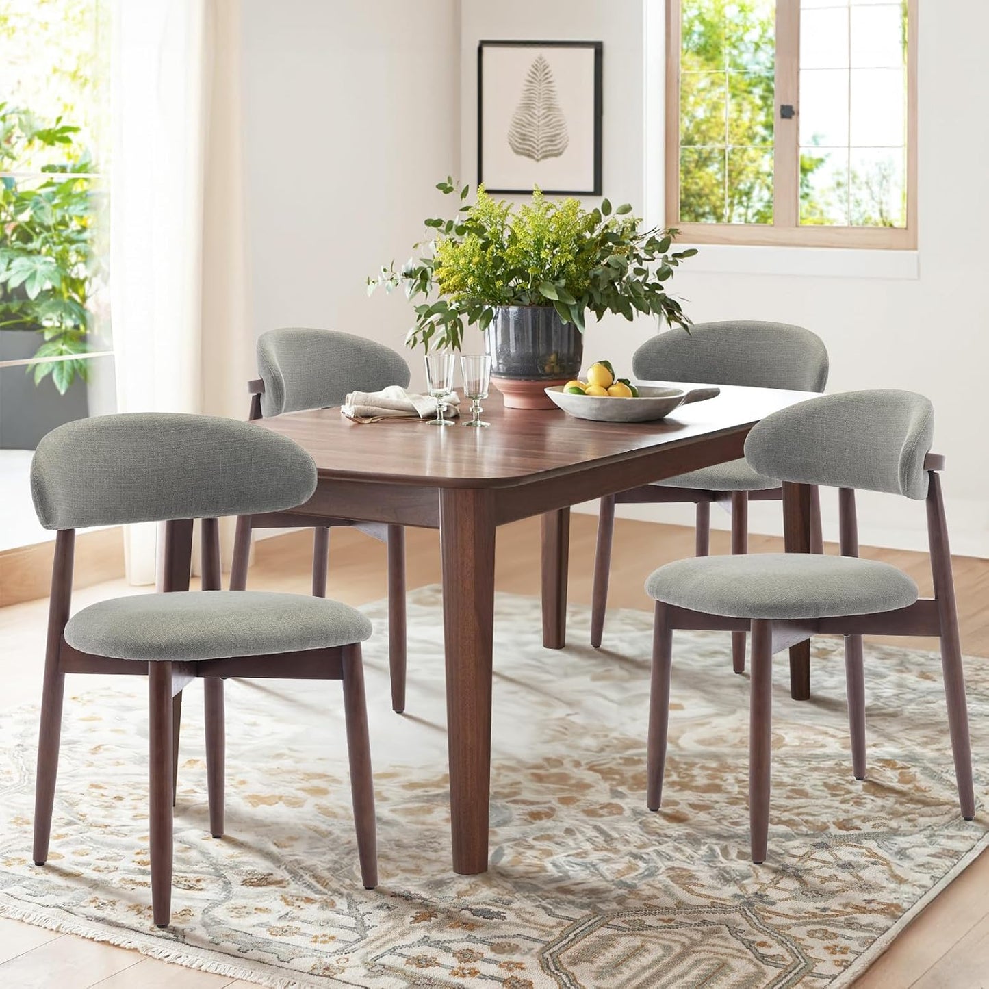 COLAMY Wooden Dining Chairs Set of 4, Modern Fabric Upholstered Kitchen Side Chairs, Farmhouse Dining Room Chair with Foot Pegs, Beige — Green / Set of 4