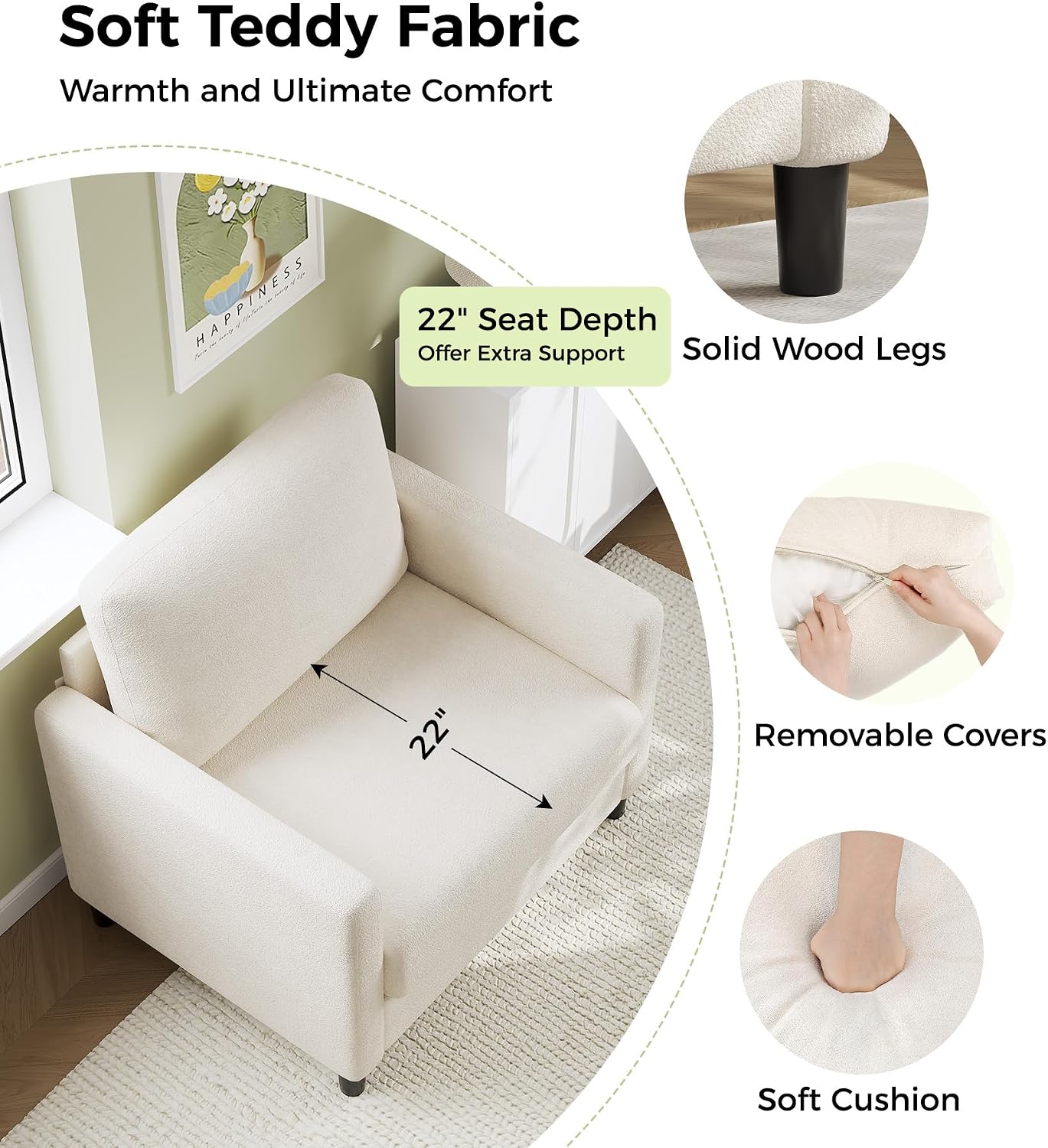 Welzona Sofa Accent Chair, 33" Reading Chair for Bedroom, Tool-Free Setup Living Room Accent Chairs, Comfy Arm Chairs Living Room, All-Wood Reading Nook, Beige — Beige / Standard (3)