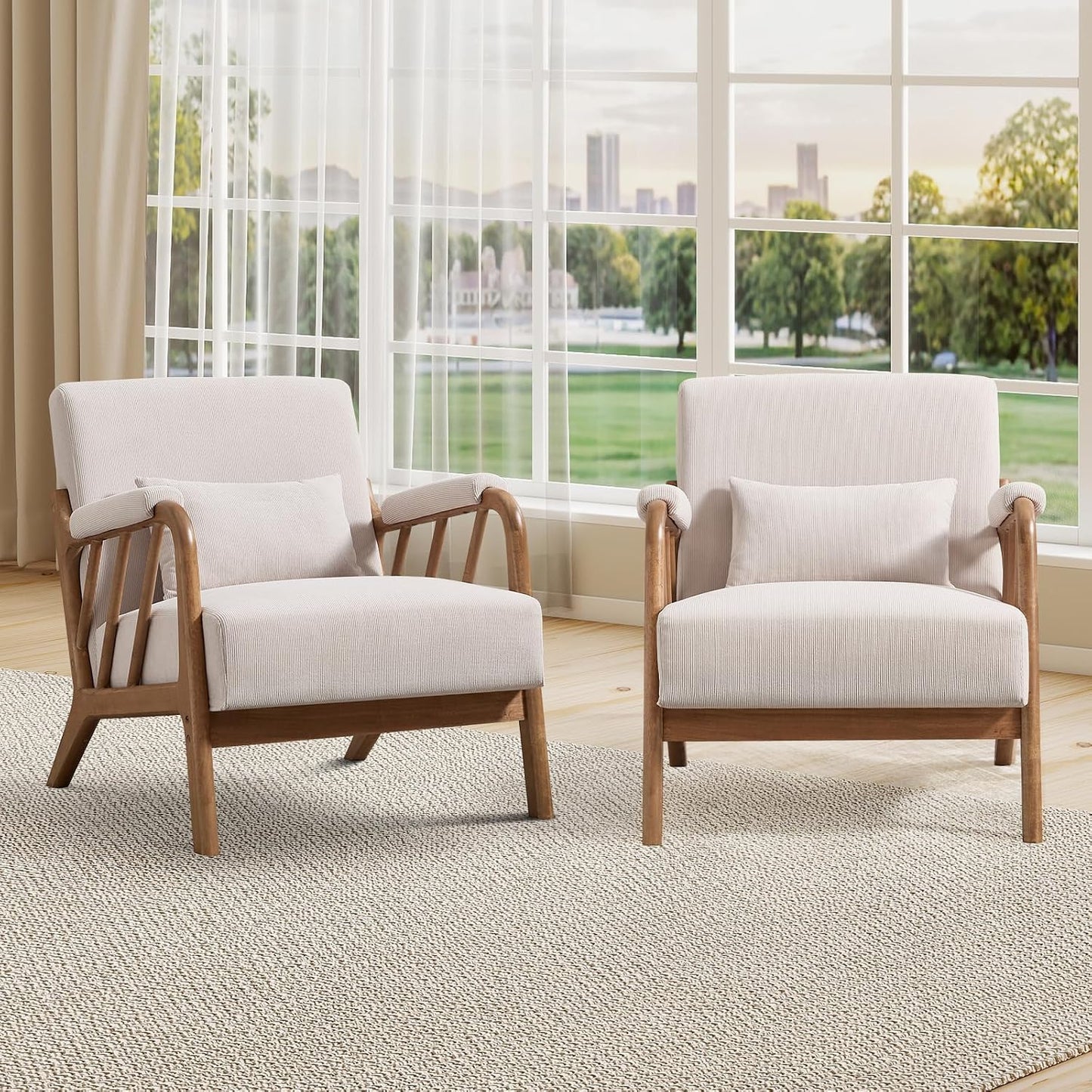 INZOY Mid Century Modern Accent Chair with Wood Frame, Upholstered Living Room Chairs with Waist Cushion, Reading Armchair for Bedroom Sunroom (Beige) — Corduroy-beige / Farmhouse