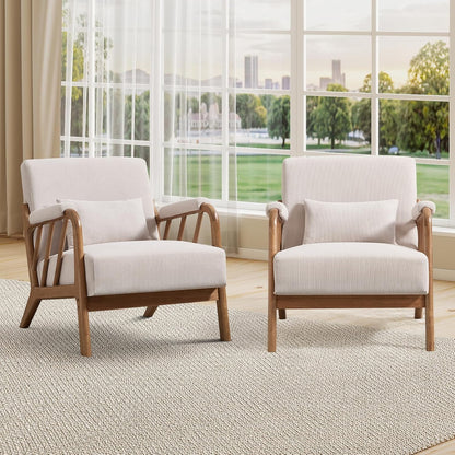 INZOY Mid Century Modern Accent Chair with Wood Frame, Upholstered Living Room Chairs with Waist Cushion, Reading Armchair for Bedroom Sunroom (Beige) — Corduroy-beige / Farmhouse