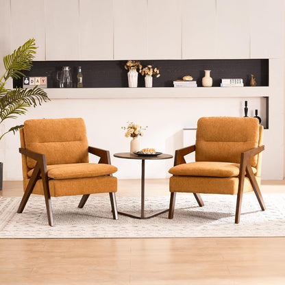 Mid-Century Modern Accent Chair with Solid Wood Frame，Upholstered Chenille Living Room Arm Chairs with Pillow for Bedroom, Living Room, Balcony, Reading Room, Green