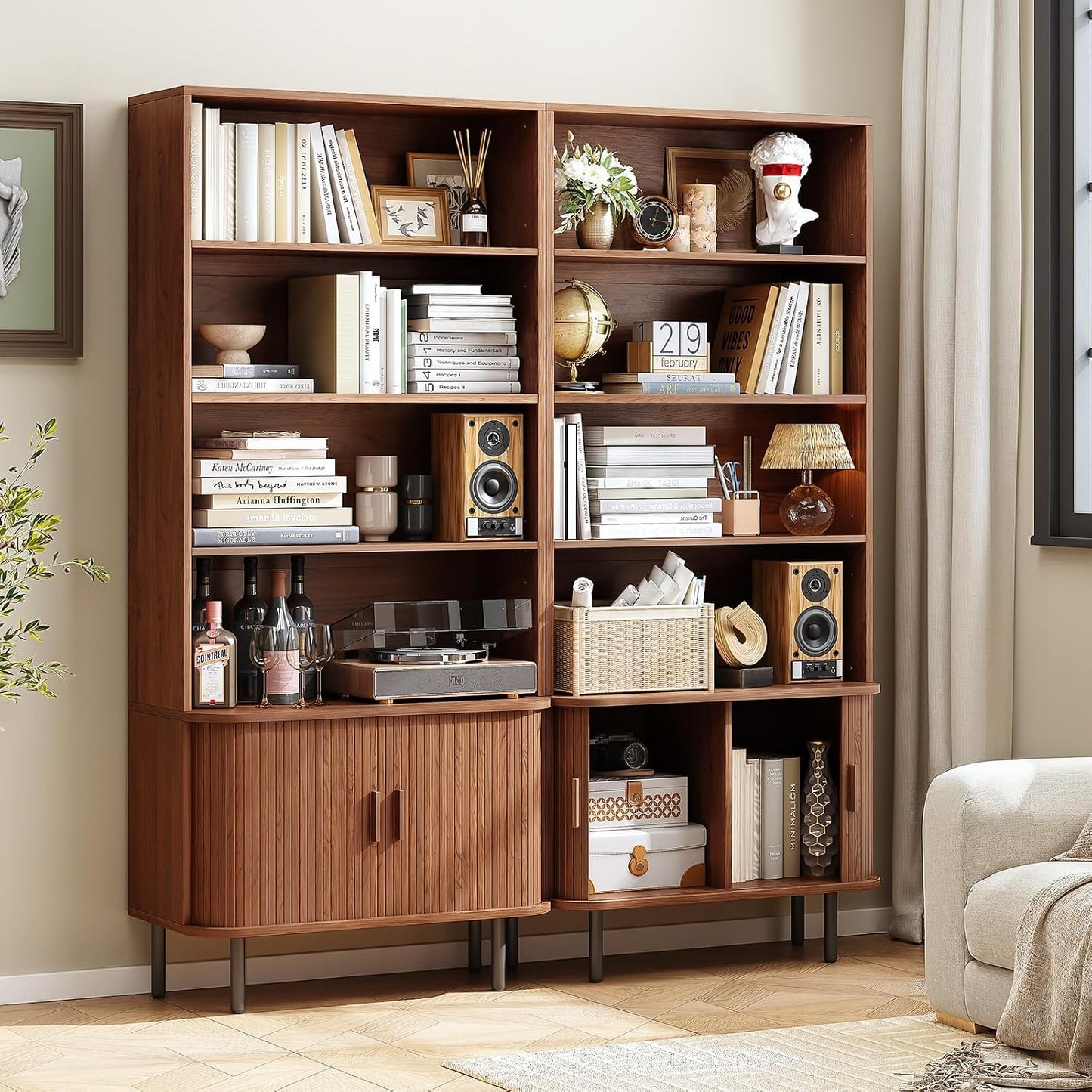 ONBRILL 71" Tall Bookshelf, 4-Tier Bookcase with Storage Cabinet & Adjustable Storage Shelf, Freestanding Wood Bookshelf with Sliding Door and Adjustable Footpad, for Home Office, Living Room, Walnut — Walnut (3)