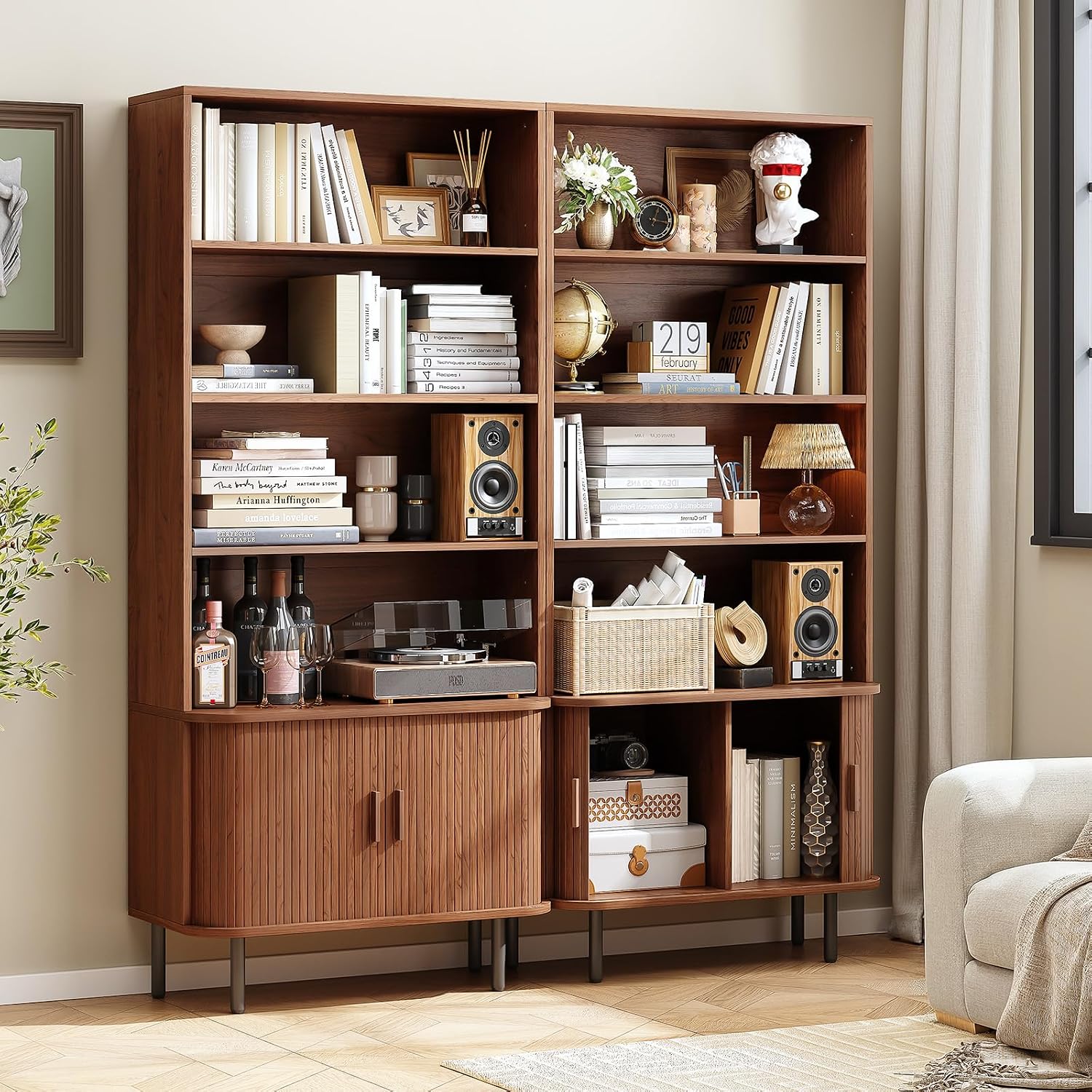 ONBRILL 71" Tall Bookshelf, 4-Tier Bookcase with Storage Cabinet & Adjustable Storage Shelf, Freestanding Wood Bookshelf with Sliding Door and Adjustable Footpad, for Home Office, Living Room, Walnut — Walnut (3)