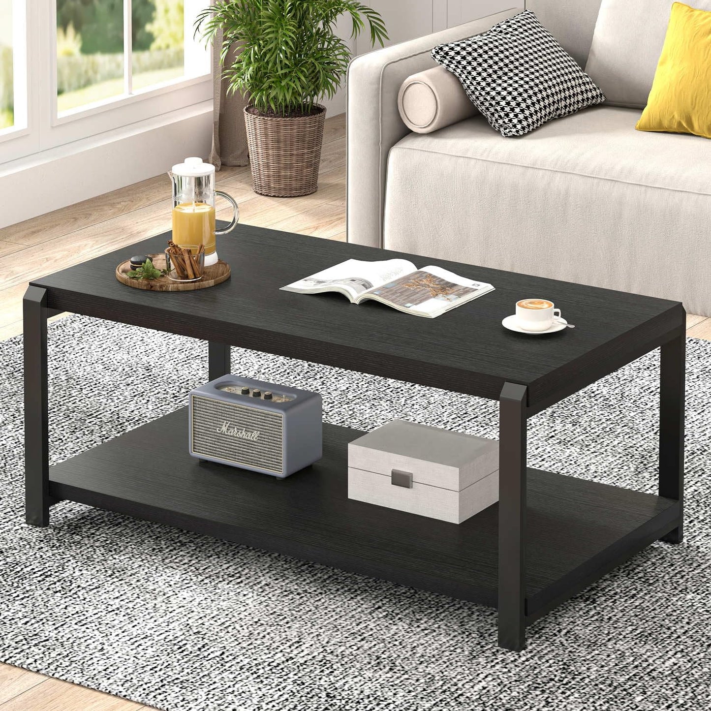 EXCEFUR Modern Coffee Table, Industrial Wood and Metal Center Table, Cocktail Tea Tables for Living Room, Rustic Brown — Black