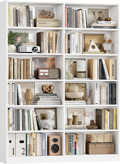 FACBOTALL Bookshelf and Bookcase, 6-Tier Double Wide Bookshelves,Freestanding Display Storage Shelves, Tall Bookcases for Home Decor Bedroom, Living Room, Home Office, Light Oak — White