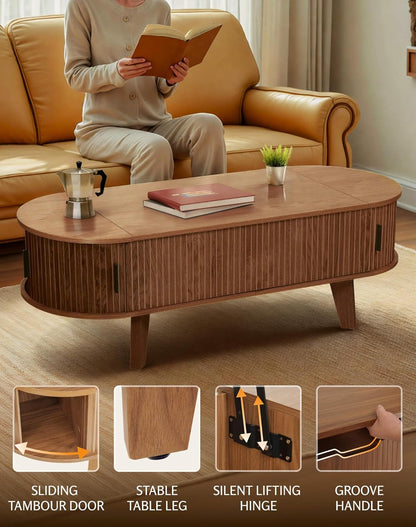 Oval Lift Top Coffee Table with Storage, 47.2" Mid Century Modern Living Room Center Table with 180° Sliding Tambour Door, Wood Fluted Coffee Table for Home Office, Walnut — Walnut / Oval (3)
