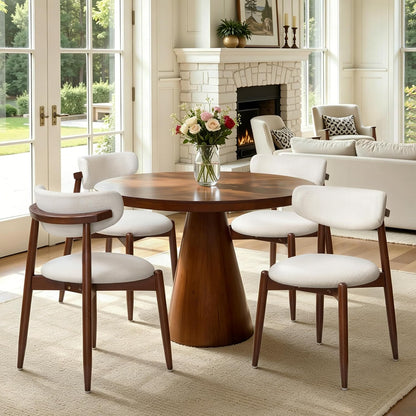 CHUN YI Dining Chairs Set of 4, Upholstered Wooden Dining Room Chairs, Mid Century Modern Fabric Kitchen Chair with Ergonomic Curved Backrest, Beige (Only Chairs) — Round-cream-walnut / Set of 4