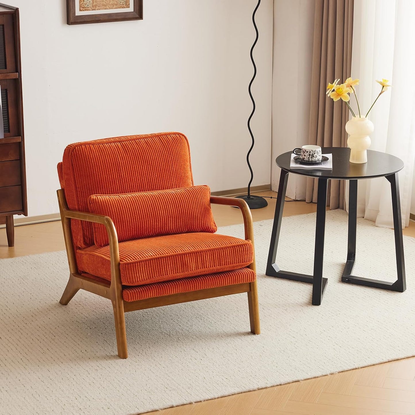 Karl home Mid-Century Modern Accent Reading Chair, Beige | Linen Upholstered, Solid Wood Frame, Soft Cushion, Lumbar Pillow, Lounge Armchair for Living Room, Bedroom, Balcony, Study — Corduroy Orange