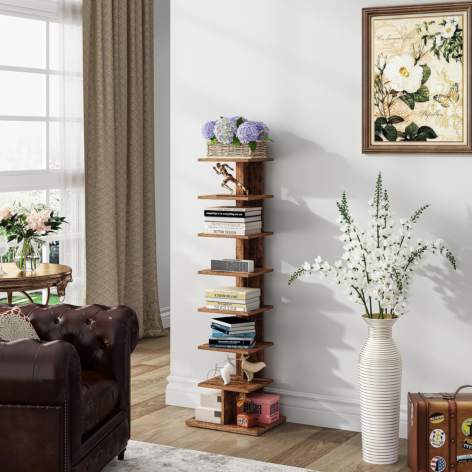 TUTOTAK Book Shelf, Narrow Spine Bookshelf, 8-Tier Bookcase for Small Space | 10.4 x 13.4 x 47.5 Inches Vertical Freestanding Corner Shelf for Living Room, Office, Study, Entryway, Brown BS06BB008 — 8 Tier / Rustic Brown (3)