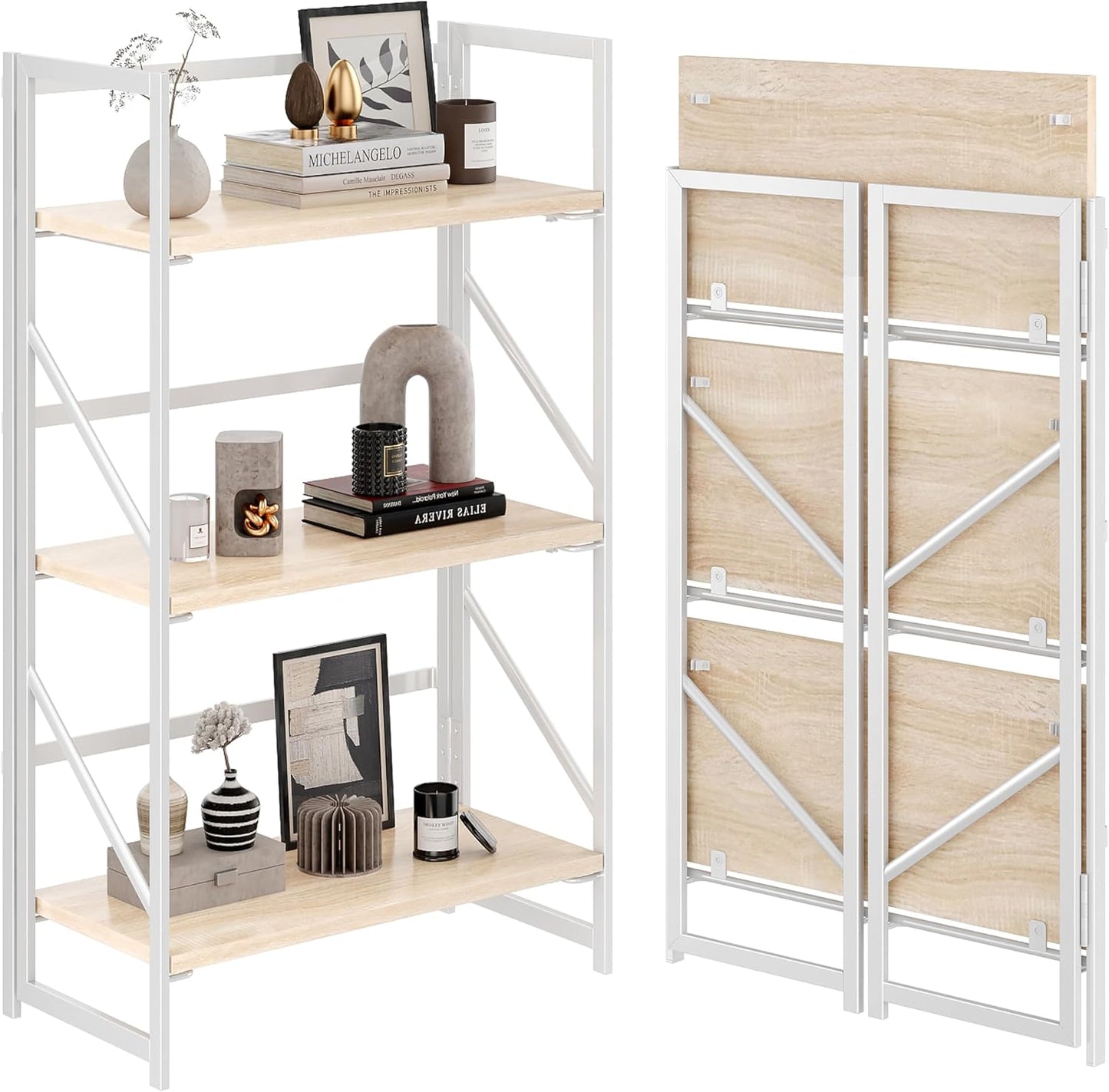 JSB No Assembly Folding Bookshelf, 4 Tier Industrial Metal Book Shelf for Storage, Vintage Wood Foldable Bookcase for Living Room, Bedroom, Office Organization Shelves — White / Flat Tube 3-Tier