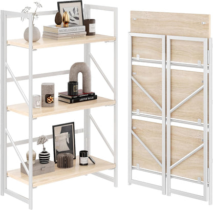 JSB No Assembly Folding Bookshelf, 4 Tier Industrial Metal Book Shelf for Storage, Vintage Wood Foldable Bookcase for Living Room, Bedroom, Office Organization Shelves — White / Flat Tube 3-Tier