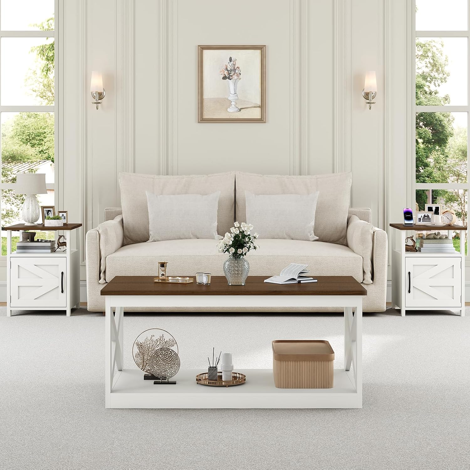 3 Pieces Farmhouse Coffee Table and End Table Sets with AC | 2 Side Tables with USB Ports for Living Room, Office, Apartment, White and Walnut