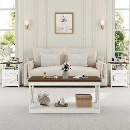 3 Pieces Farmhouse Coffee Table and End Table Sets with AC | 2 Side Tables with USB Ports for Living Room, Office, Apartment, White and Walnut