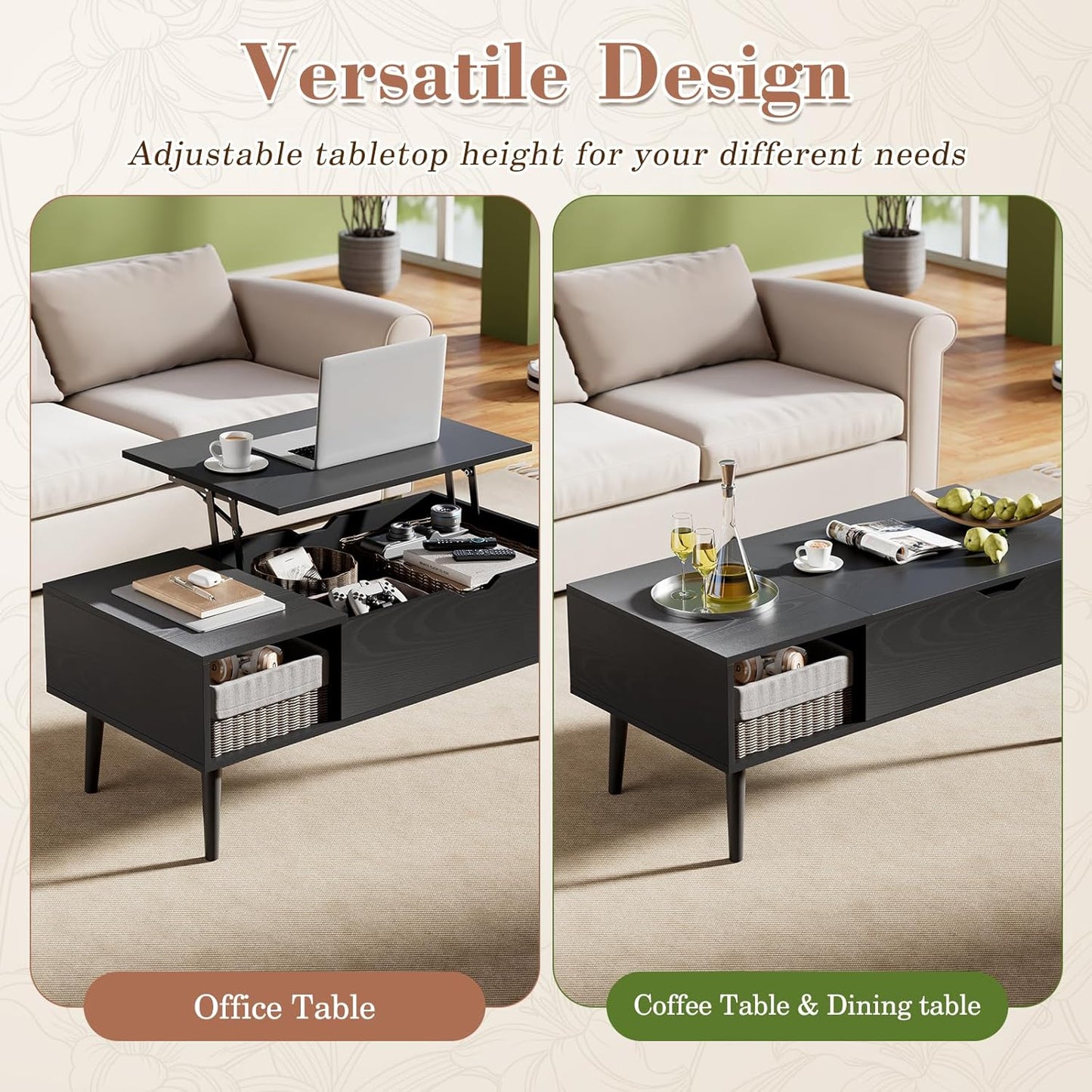 OLIXIS Wood Lift Top Coffee Table with Hidden Compartment and Large Storage Shelf, Lift Tabletop Dining Center Table for Home Living Room Office, Black — Black / 39.4 inches x 19.7 inches x 17 inches (5)